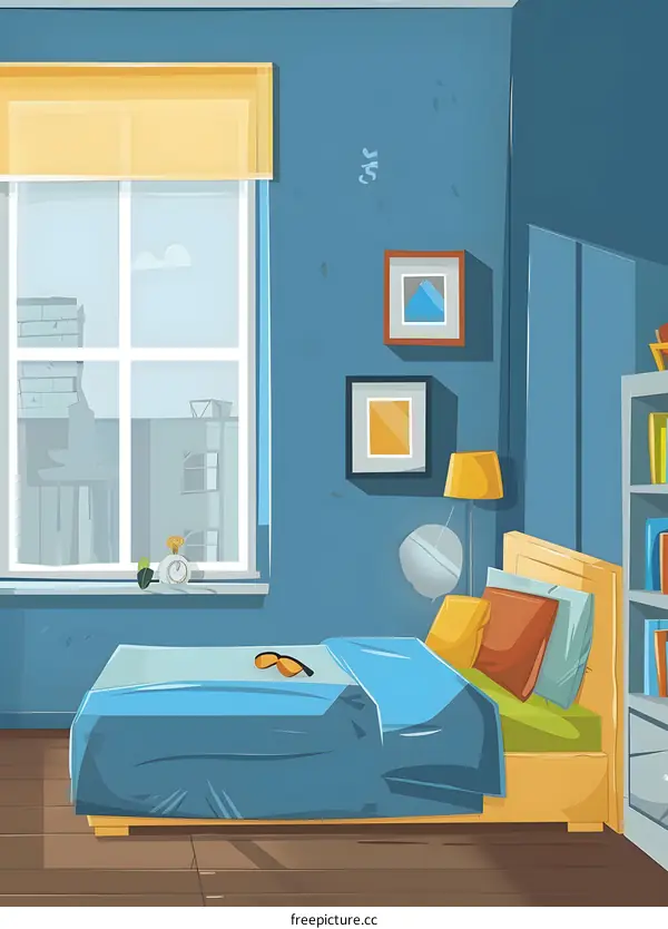 Cartoon Illustration of a Blue Bedroom with a Bed and a Window