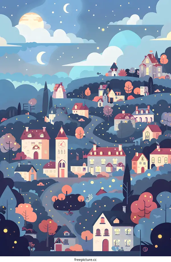 Night Village Landscape Illustration