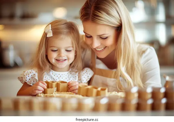 Mother and Daughter Making Cookies in Kitchen