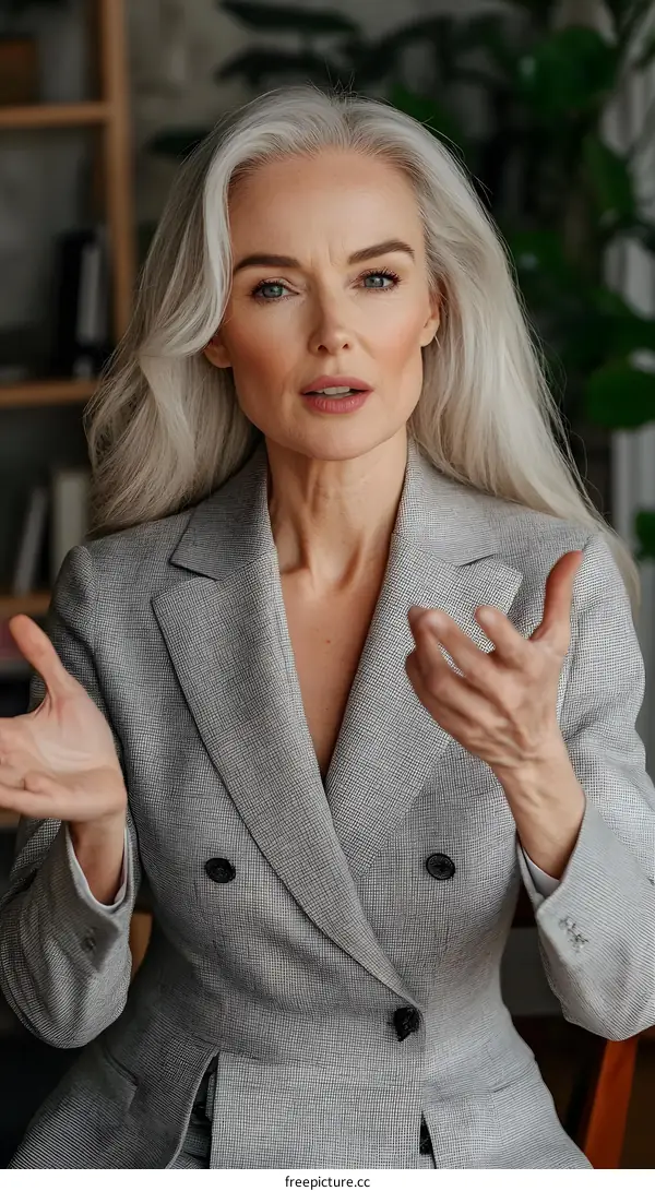 Portrait of a Caucasian Woman with Grey Hair Wearing a Grey Blazer