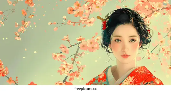 Japanese Woman in Traditional Kimono with Cherry Blossoms