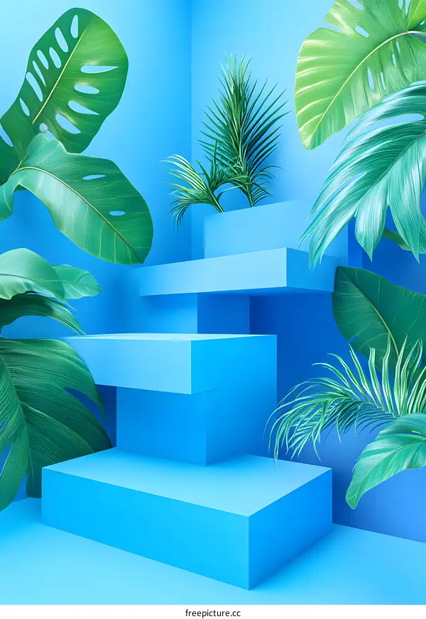 Blue Background with Three Platforms and Green Leaves