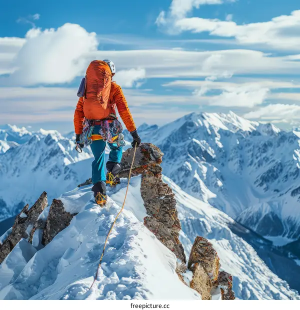 Mountaineer on the summit of a snow-capped mountain