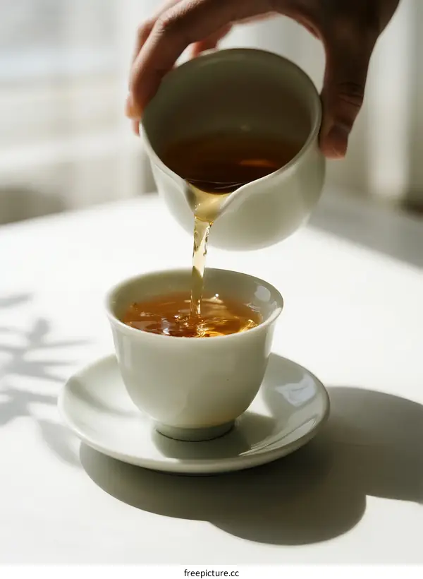 Pouring hot tea from cup into another cup in sunlight
