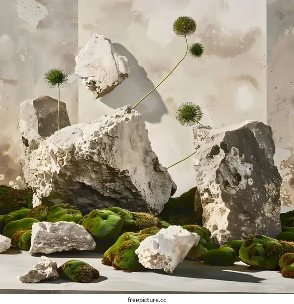 Abstract Still Life Photography with Stones Moss and Flowers