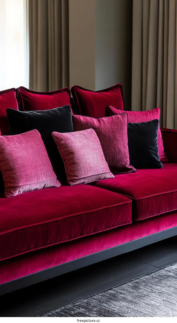 Elegant Deep Red Velvet Sofa with Cushions