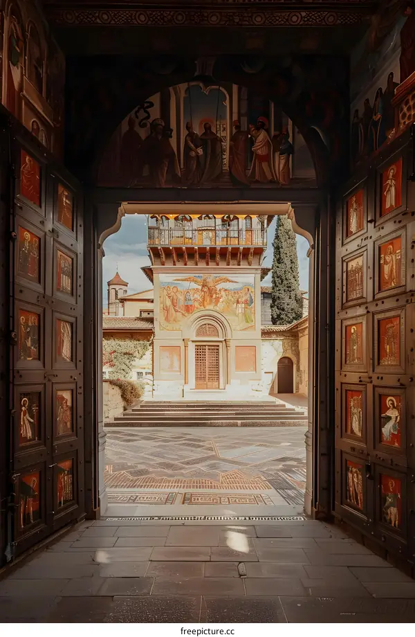 Ornate Wooden Doors Leading to a Historic Church Courtyard