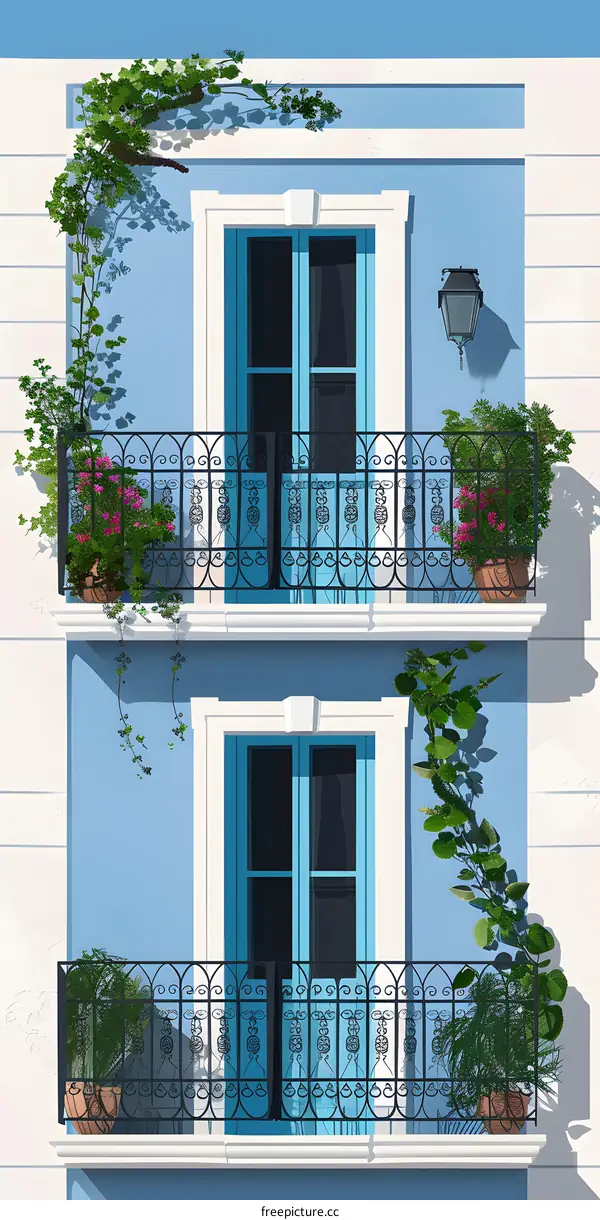 Blue Balcony with Wrought Iron Railings