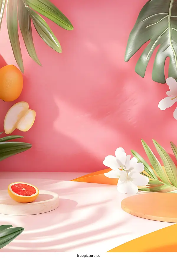 Summer Fruit Display with White Flowers and Tropical Leaves