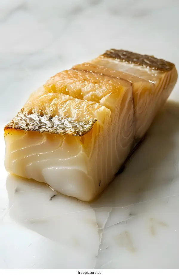 Close-up of a piece of raw cod loin on a marble surface