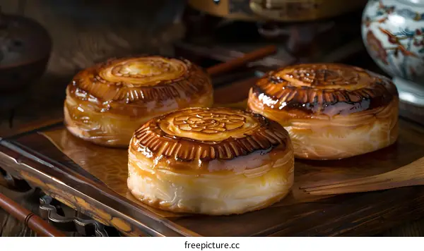 Closeup of Three Traditional Chinese Mooncakes on Wooden Tray