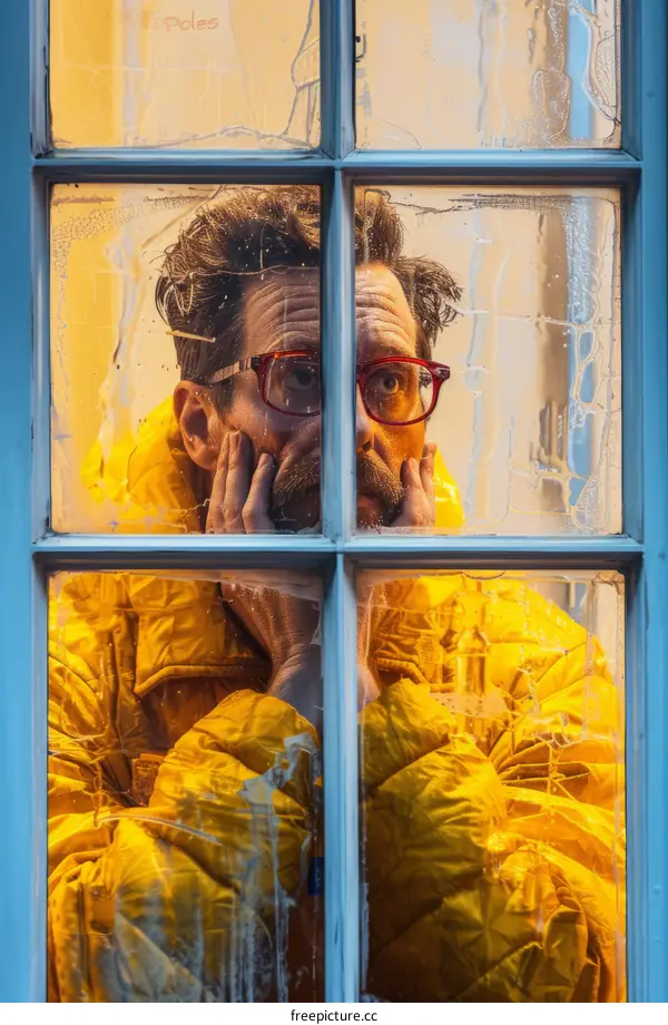 Man in yellow jacket looking through window