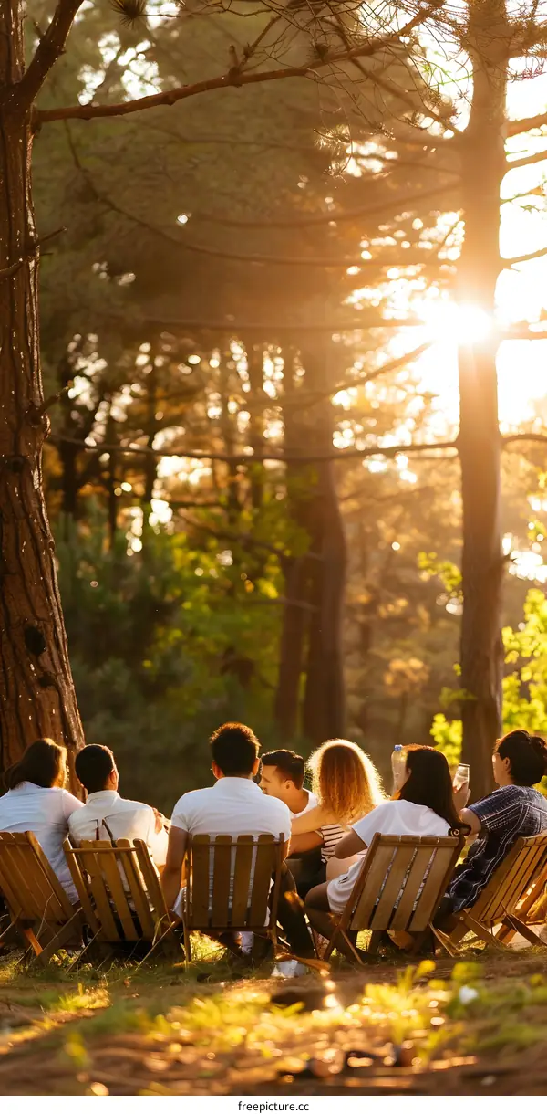 Friends Enjoying Summer Sunset in the Forest