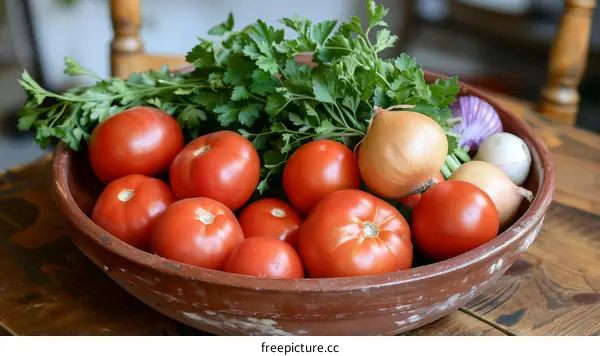 A bowl of tomatoes, onions, and parsley