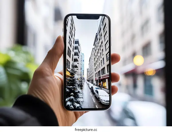 A Hand Holding a Smartphone Displaying a City Street with Snow