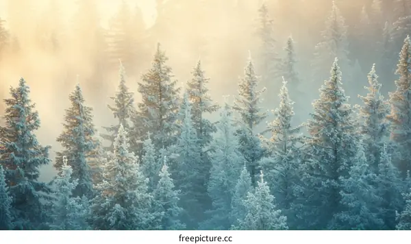 Snow-covered pine trees in the winter forest