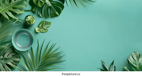 Tropical Green Leaves Flat Lay  with a Bowl and a Potted Plant