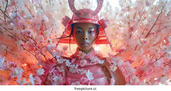 A photo of a young woman wearing a pink samurai helmet and armor, standing in a field of cherry blossoms.
