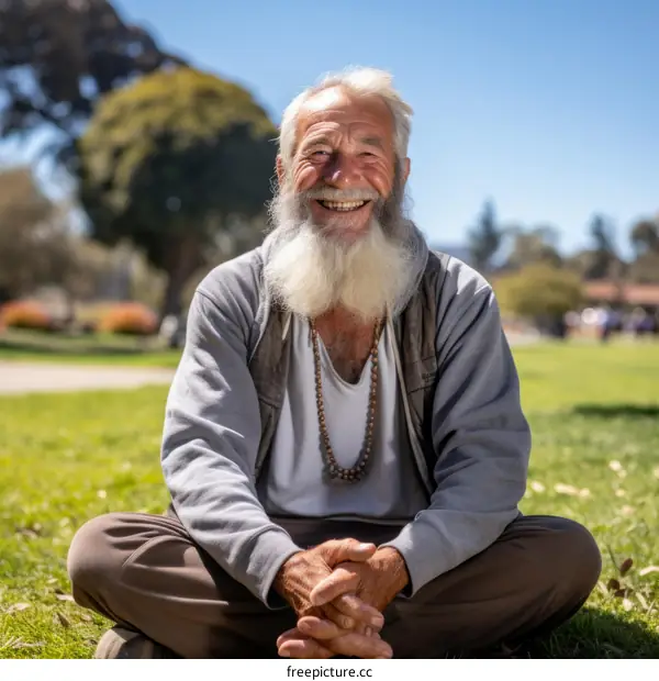 An old man with a long white beard is sitting on the grass and smiling.