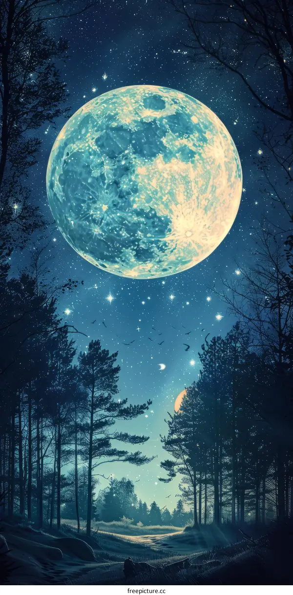 Blue Moon Rising Over a Dark Forest