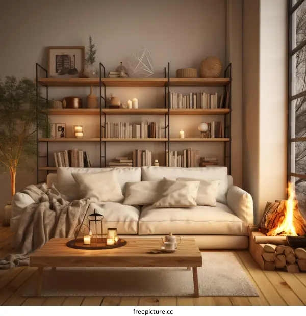 Cozy Modern Minimalist Living Room Interior with Fireplace and Bookshelves Decorated with Plants and Books