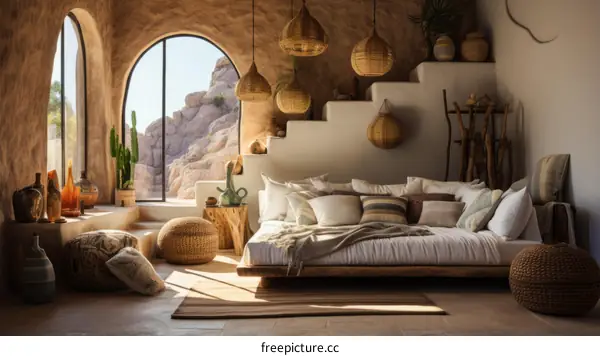 Modern Bohemian Bedroom Interior with Natural Textures