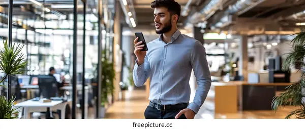 Young Man Using Phone In Modern Office