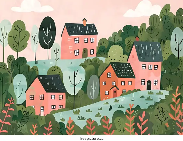 Pink Houses in a Lush Green Forest