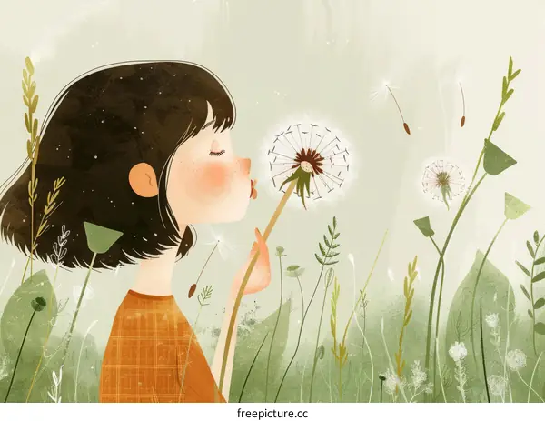 girl blowing dandelion illustration