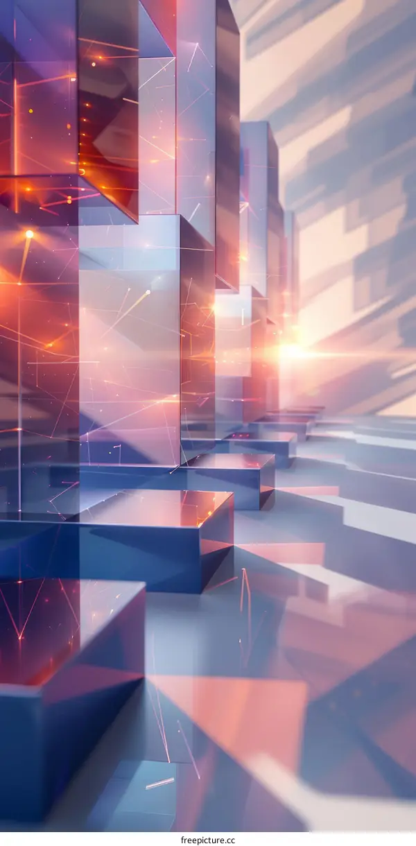 Illustration of a 3D structure with blue and orange glowing lines