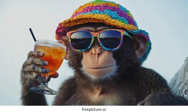 Monkey Wearing Sunglasses and Hat with Cocktail