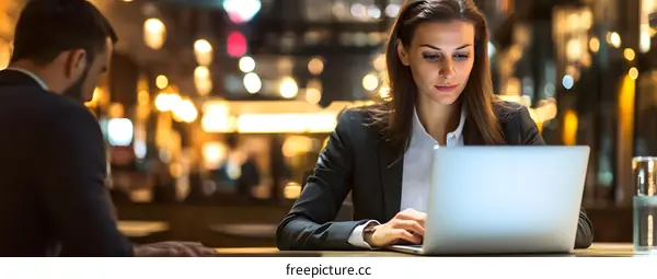 Woman Working on Laptop in Cafe at Night