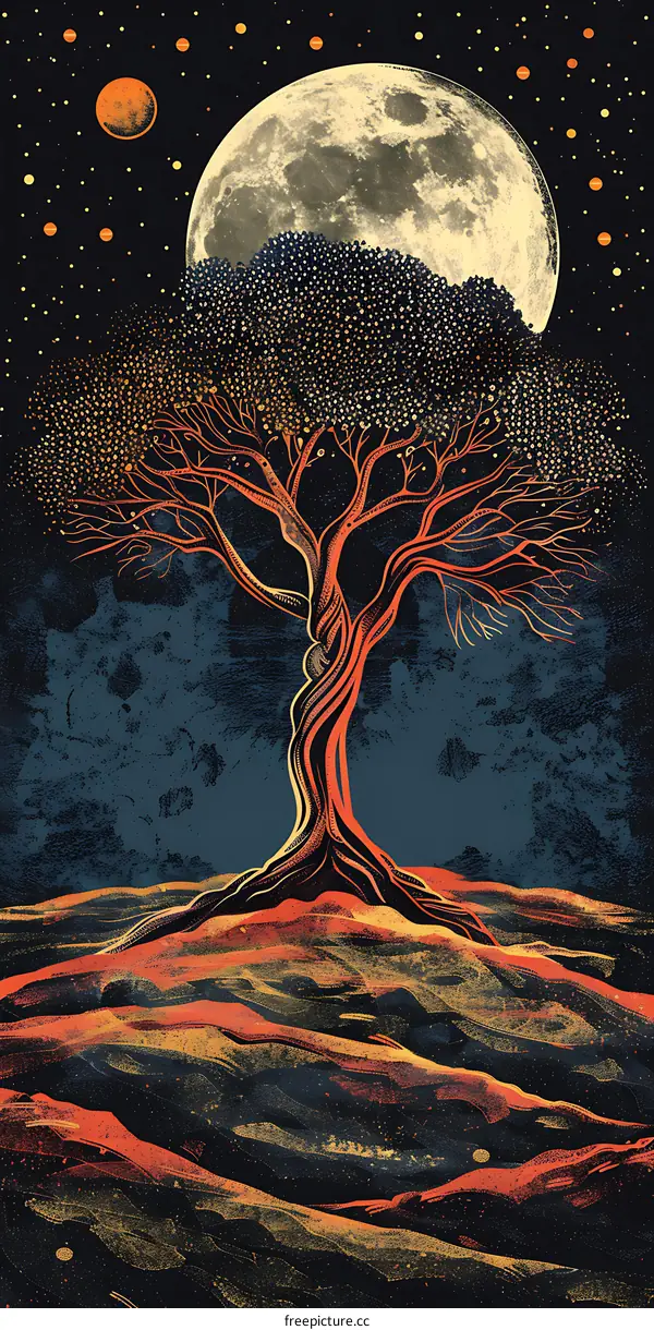 Tree Under The Moon In Night Sky