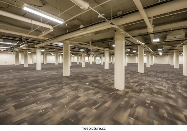 Empty Large Room With Columns And Brown Carpet