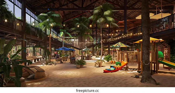 Tropical Indoor Playground with Palm Trees and Sand