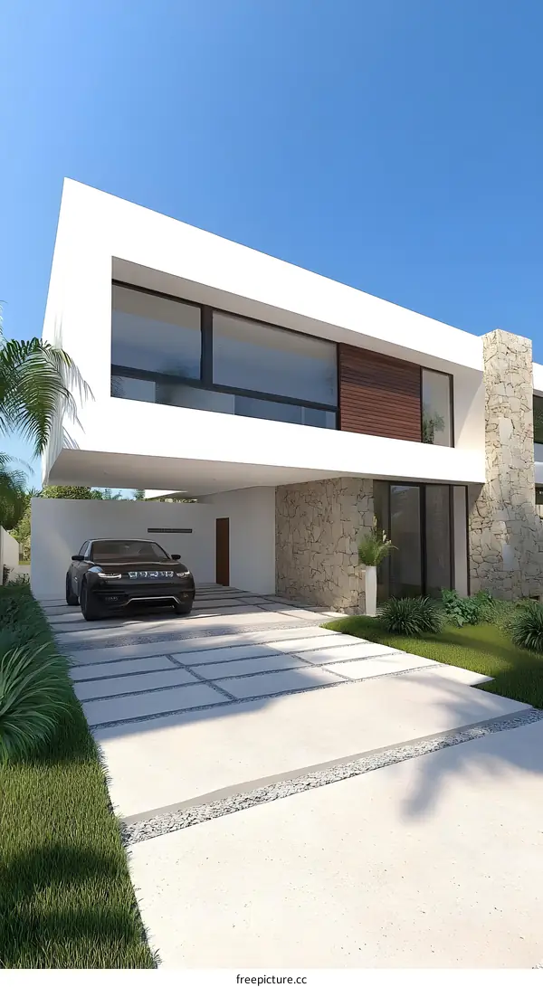 Modern House with Stone Wall and Car in the Driveway