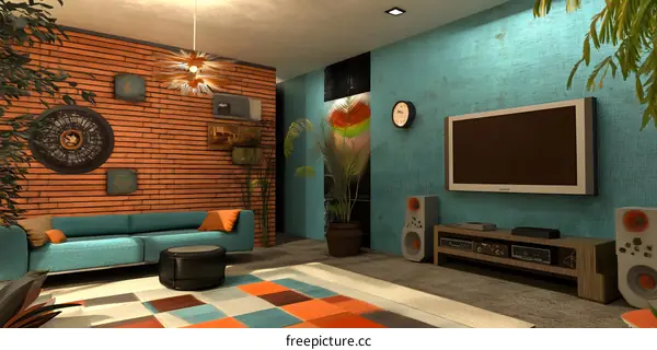 Living Room Interior Design with Blue and Orange Color Scheme