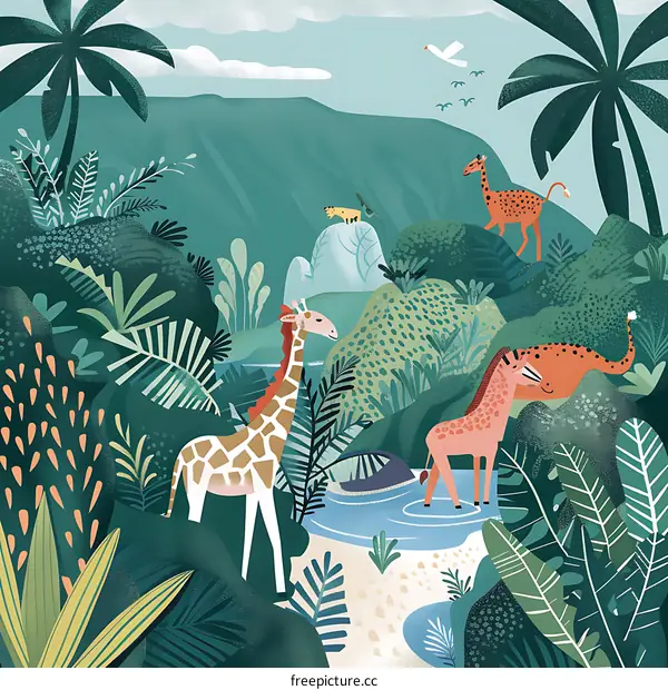 Giraffe Illustration with Tropical Rainforest Background