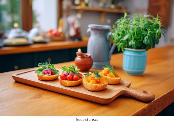 Colorful Appetizers on Wooden Board
