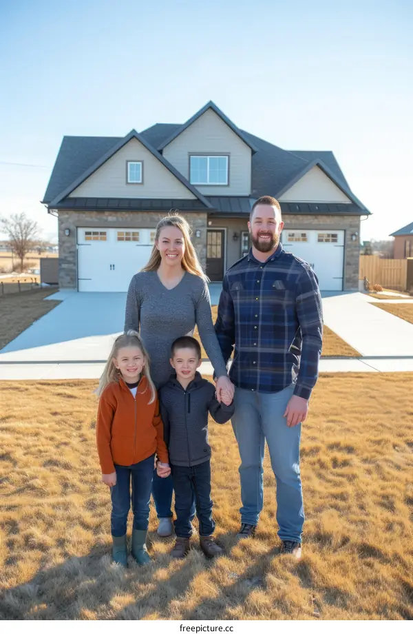 Happy family standing in front of their new house