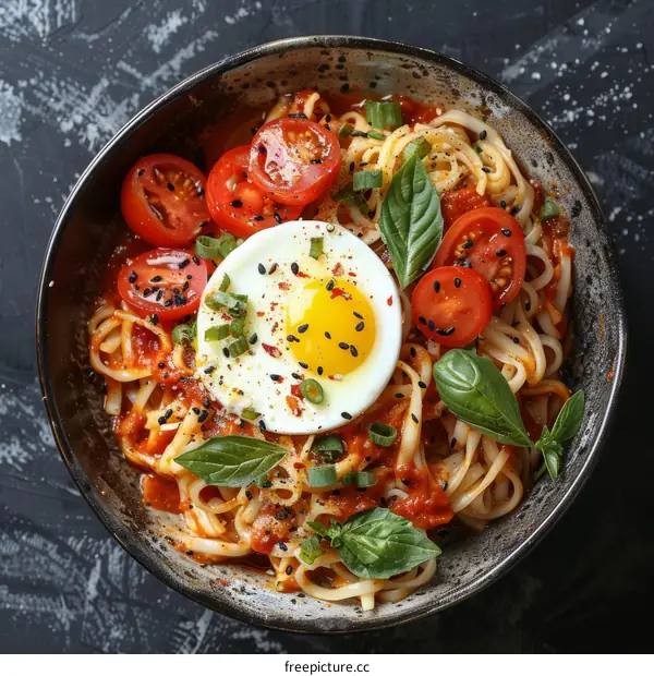 savory tomato pasta with poached egg
