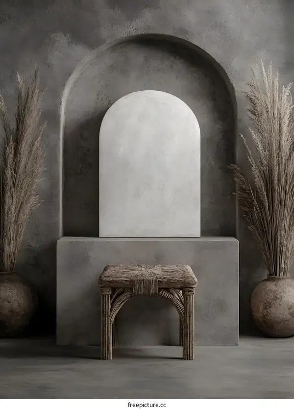 Minimalist Concrete Archway With Rattan Stool and Dried Plants