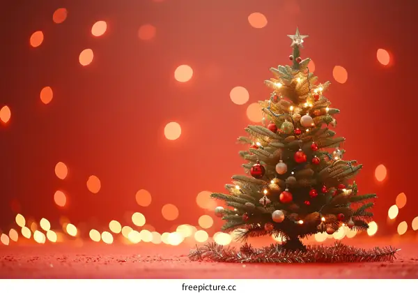 A beautifully decorated Christmas tree stands against a red background.