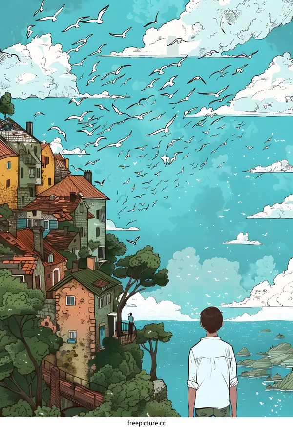 Man Looking at Ocean with Seagulls Flying