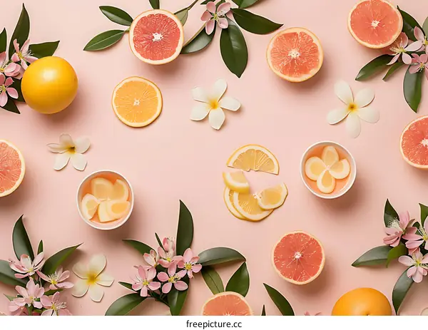 Pink Background with Citrus Fruits and Flowers Flat Lay
