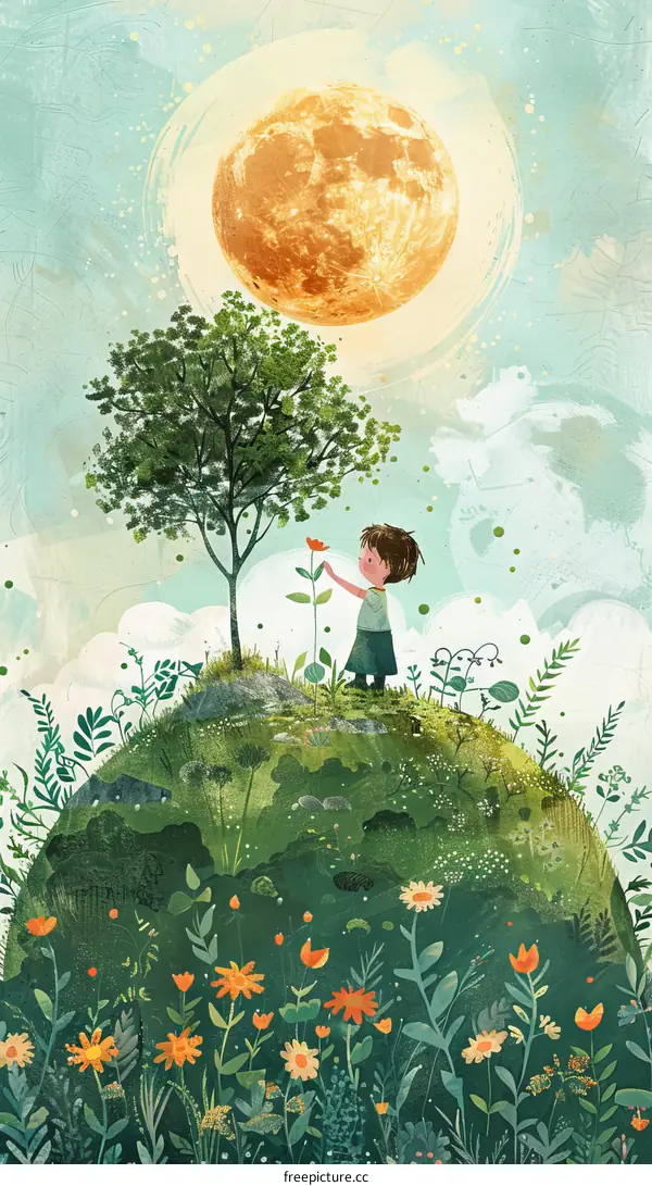 girl picking flower under the moon