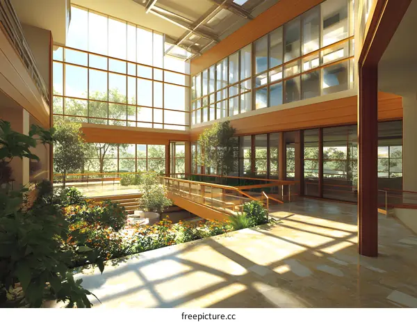 Modern Building Interior With Large Windows and Green Plants