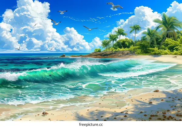 The beach is beautiful with blue sky and white clouds