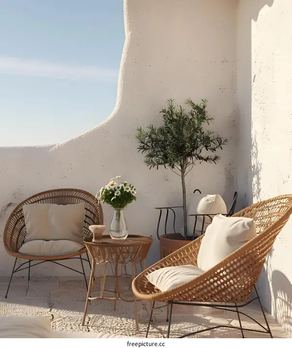 Minimalist Balcony With Wicker Chairs And White Wall