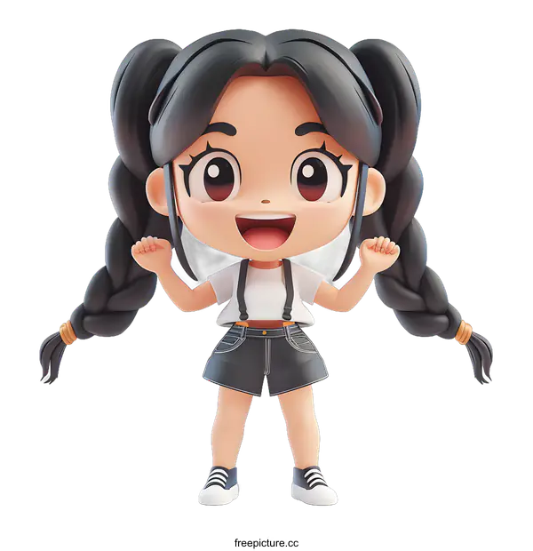 [Transparent Background PNG]Cute Cartoon Girl With Braids Happy Smiling And Raising Hands